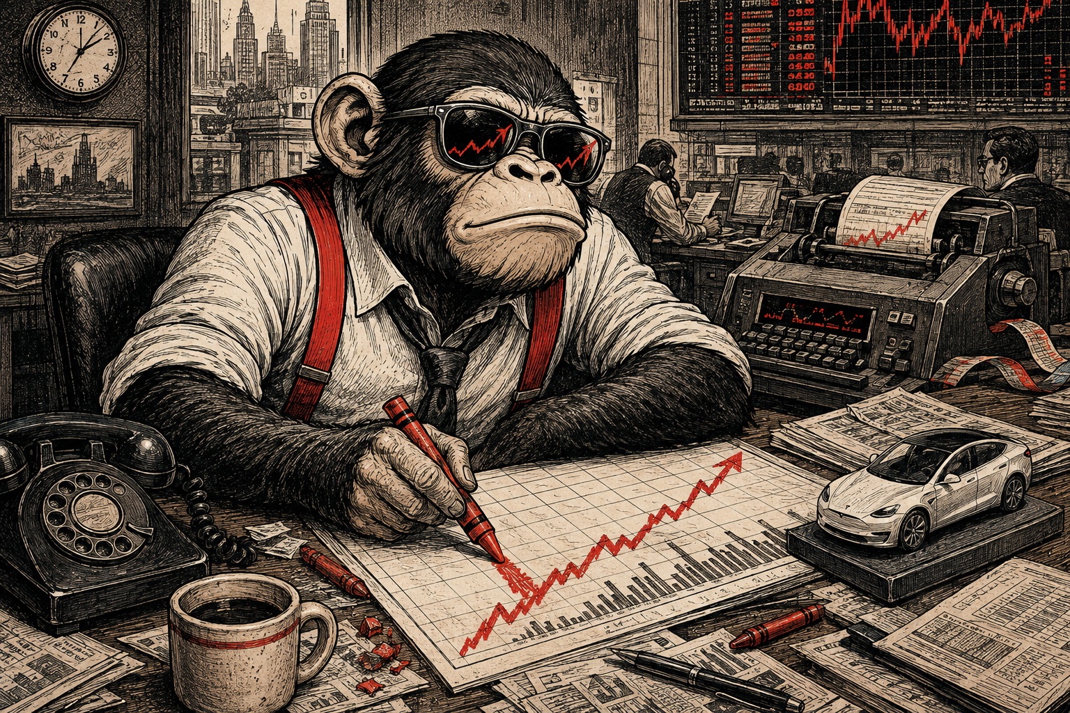 An ape analyst draws an upward chart with a red crayon in a vintage brokerage office