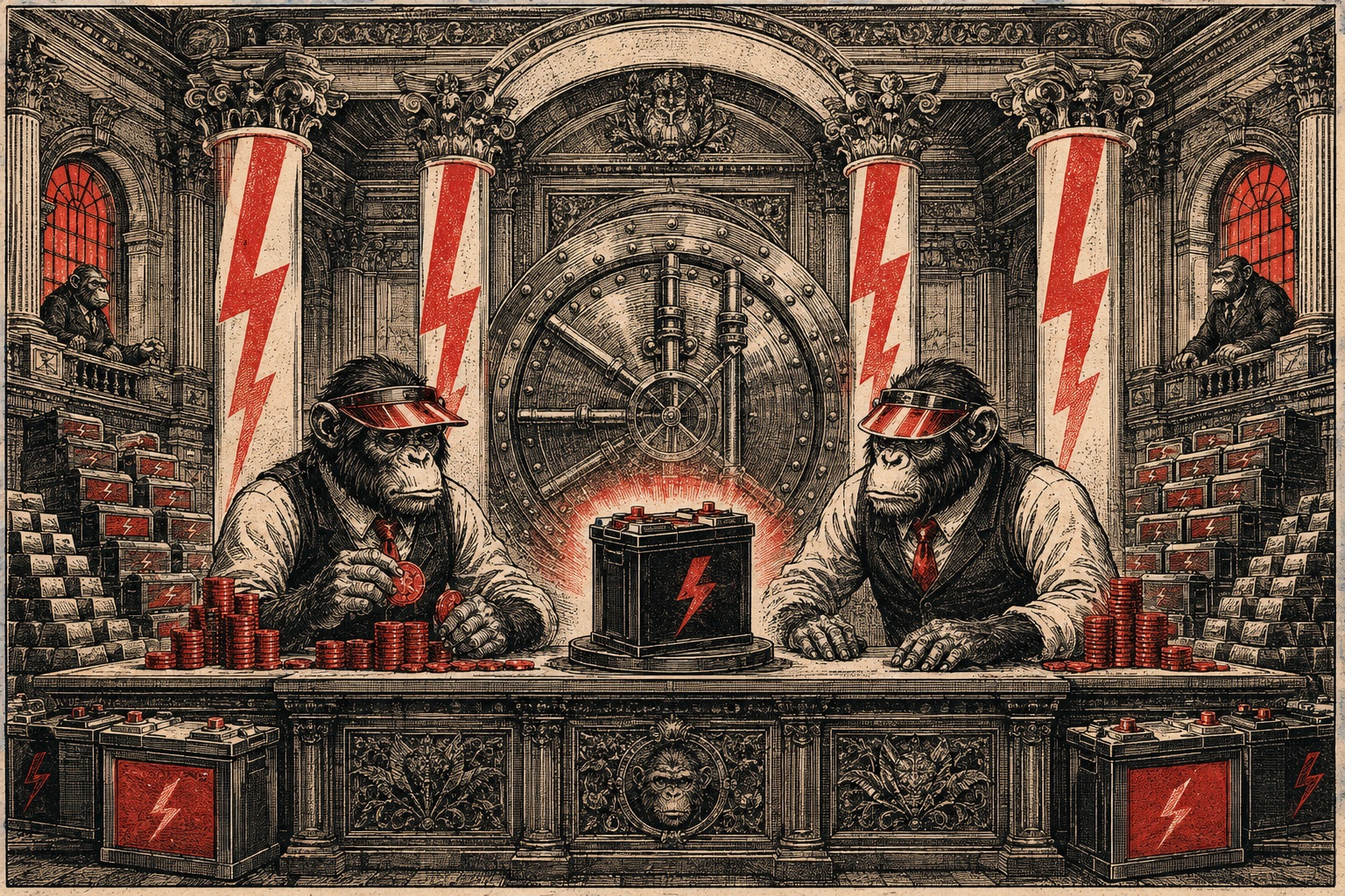 Apes operate an ornate Wall Street bank vault filled with electric batteries