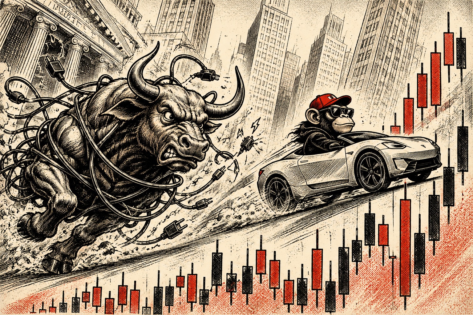 A Wall Street bull tangled in charging cables chases an ape driving uphill