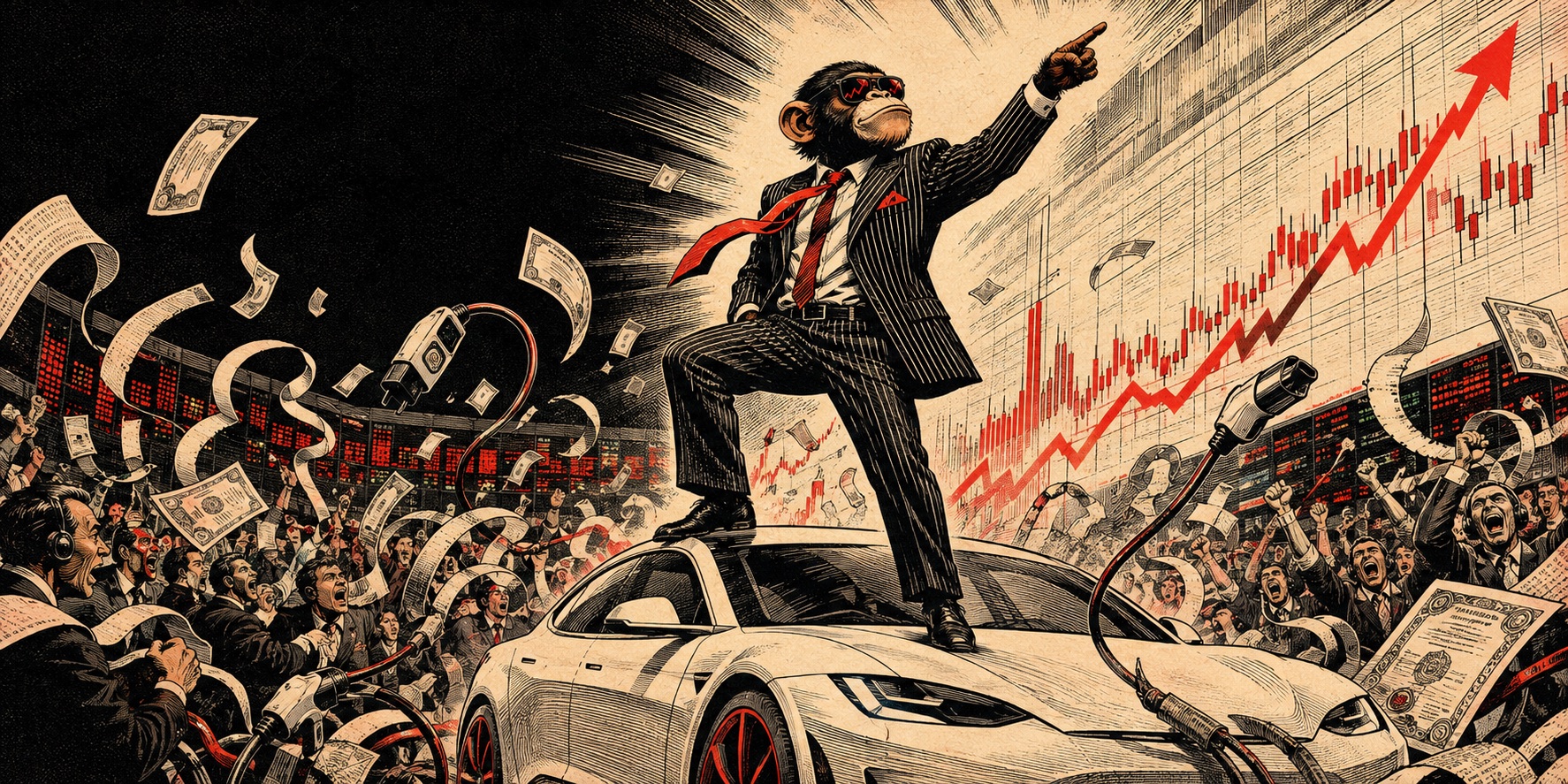 A suited ape celebrates on an electric car while a stock chart rises over Wall Street