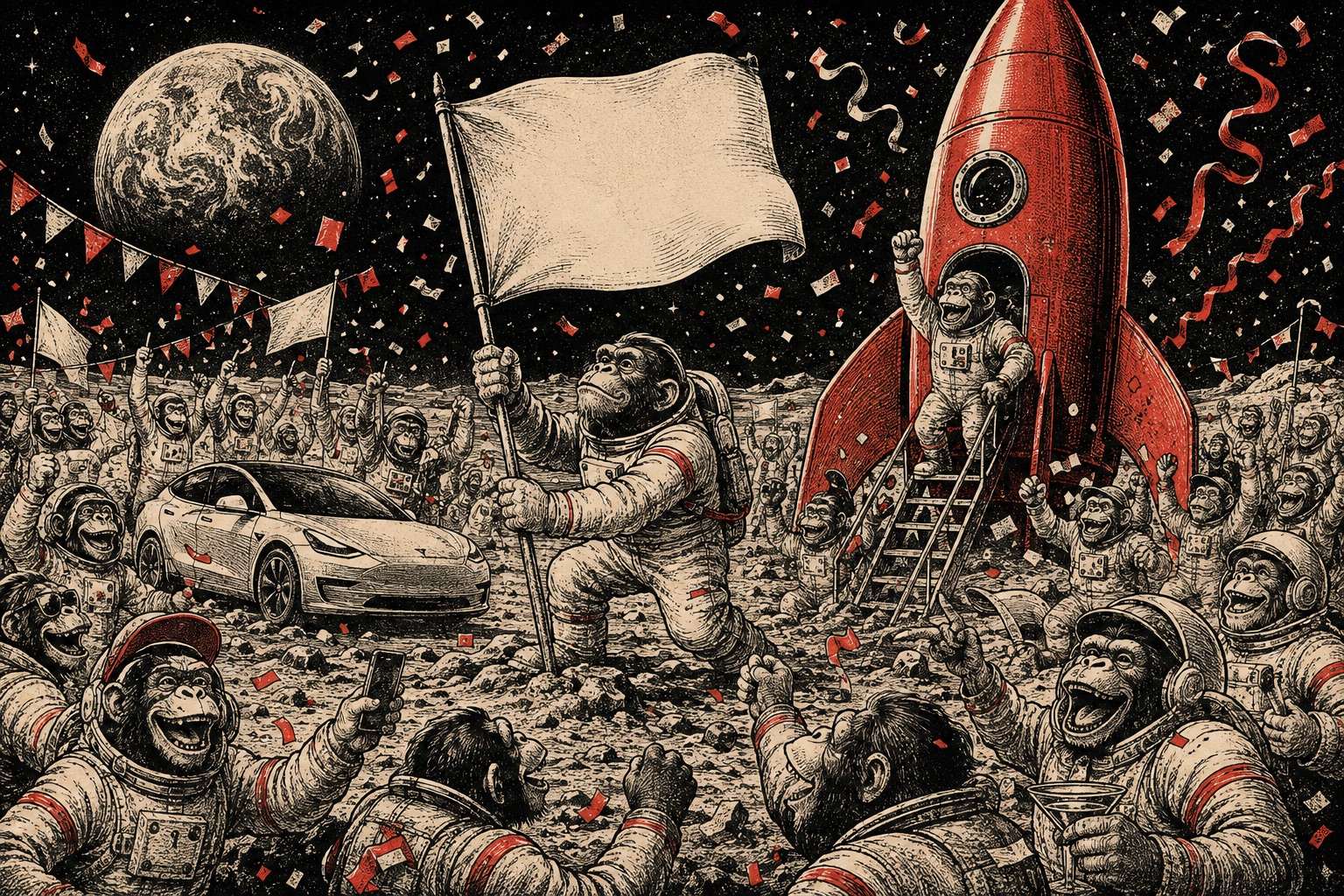 A crowd of ape astronauts celebrates beside an electric car and red rocket on the moon