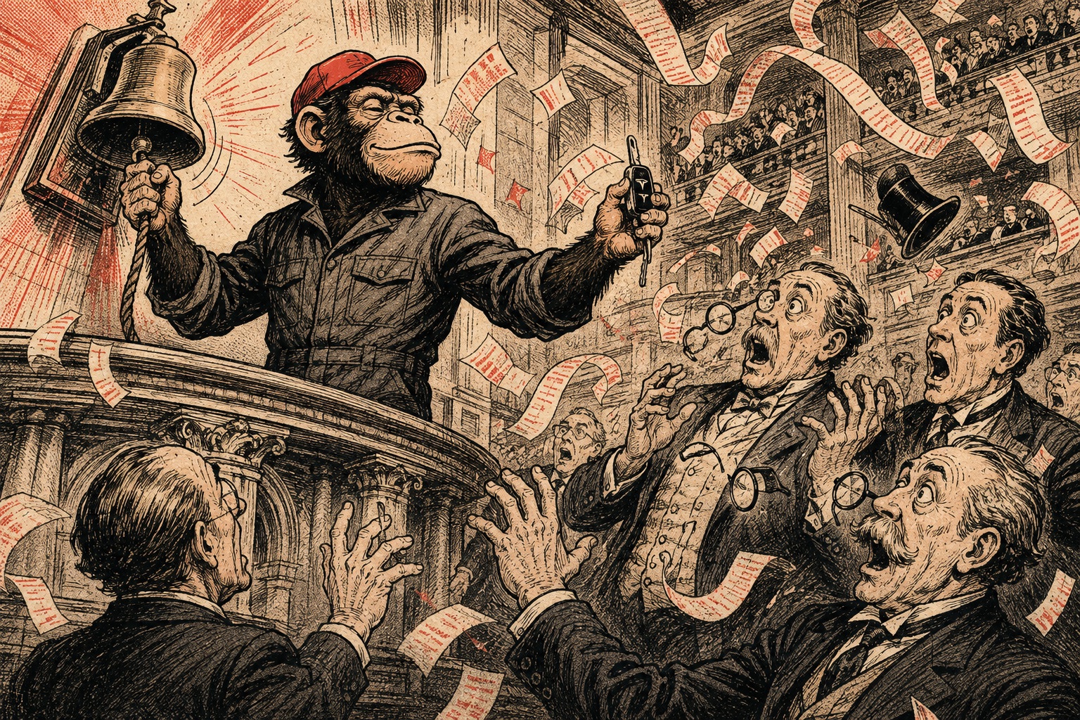 An ape rings the opening bell as old Wall Street financiers react in shock